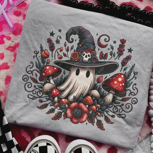 Sweatshirt Or T-Shirt Fall Halloween Faux Embroidery Style Boho Ghost Mushrooms