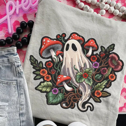 Sweatshirt Or T-Shirt Fall Halloween Faux Embroidery Style Boho Ghost Mushrooms #4