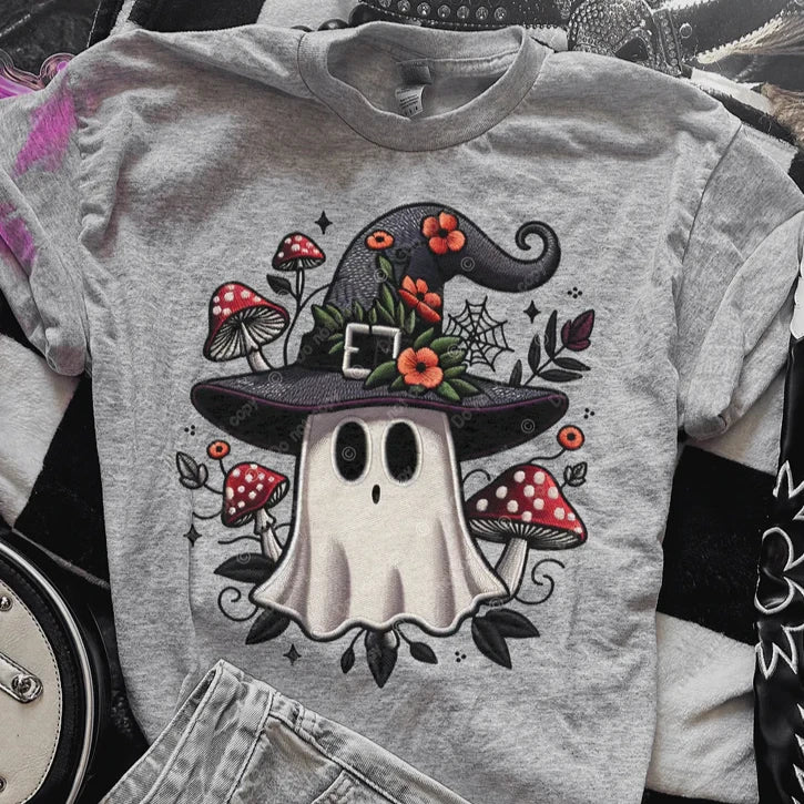 Sweatshirt Or T-Shirt Fall Halloween Faux Embroidery Style Boho Ghost Mushrooms