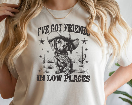 DTF Transfer I've Got Friends in Low Places – Western Dachshund Cowboy Dog Graphic