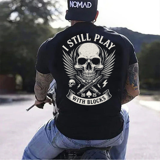 DTF Transfer I Still Play with Blocks – Skull & Pistons Motorcycle Garage Graphic