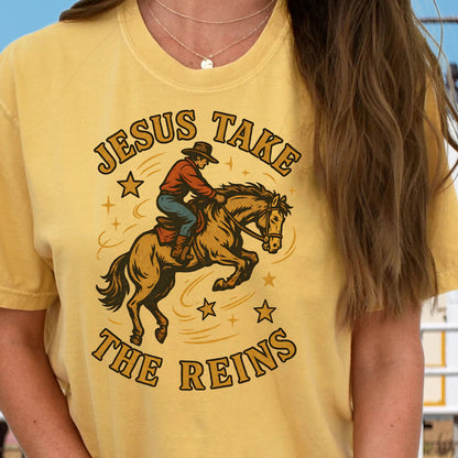 DTF Transfer Jesus Take the Reins – Vintage Western Cowboy & Horse Faith-Inspired Design