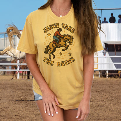 DTF Transfer Jesus Take the Reins – Vintage Western Cowboy & Horse Faith-Inspired Design