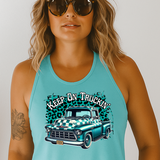 DTF Transfer Keep On Truckin’ – Teal Vintage Pickup with Leopard Background