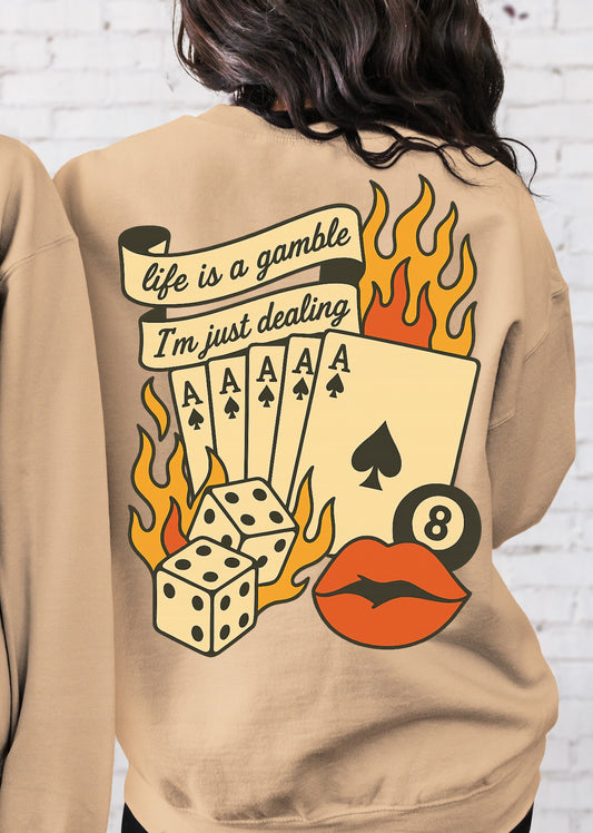 DTF Transfer Life Is a Gamble – Retro Card Game Flames, Dice & Lips Graphic