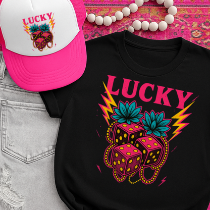 DTF Transfer Lucky Dice – Neon Western Bold Tattoo Style