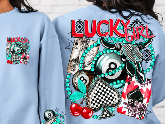 DTF Transfer Lucky Girl – Western Cowgirl Cherry Skull Playing Cards Tee Design