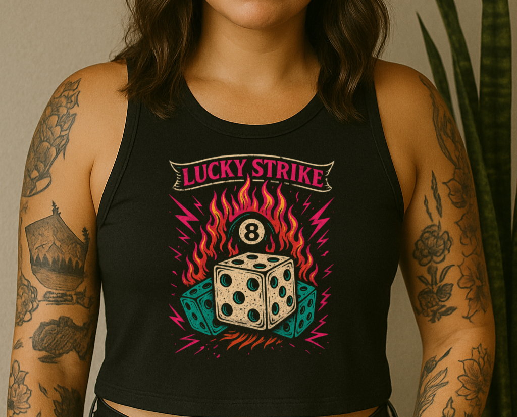 DTF Transfer Lucky Strike – Retro Dice, 8-Ball & Flames Rockabilly Tattoo Style