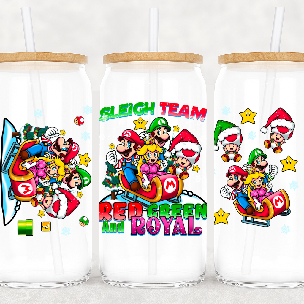 UV DTF Cup Wrap – Sleigh Team Red, Green & Royal | Holiday Gaming Wrap