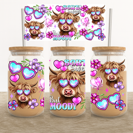 UV DTF Cup Wrap – Highland Cow With Heart Glasses & Flowers Valentines