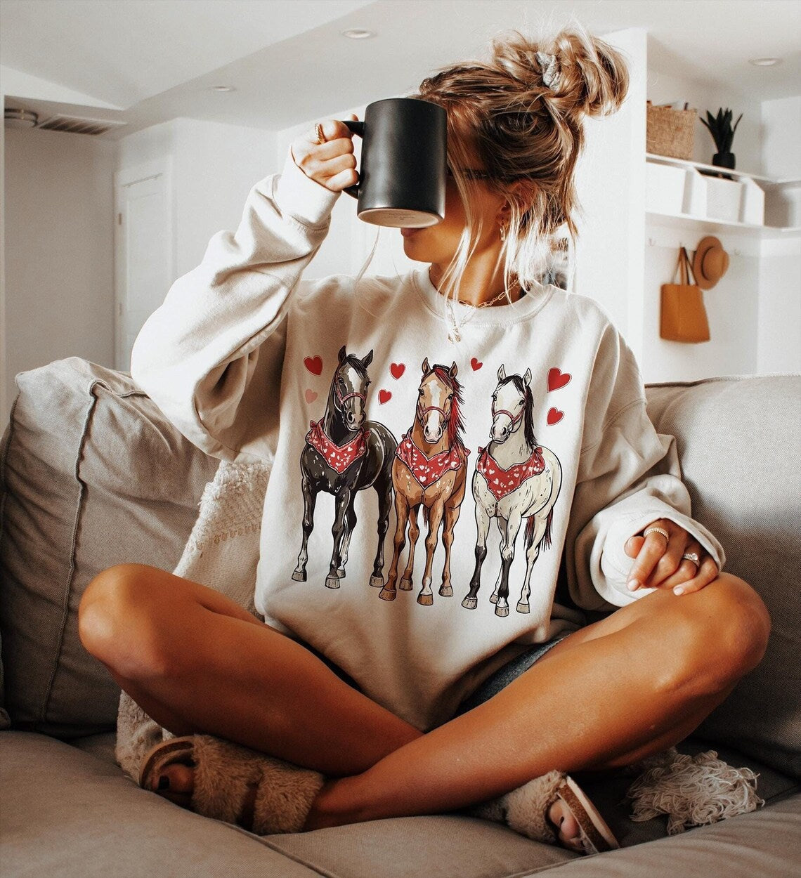 Hoodie Sweatshirt Crew T-Shirt   Valentine's Horses with Hearts