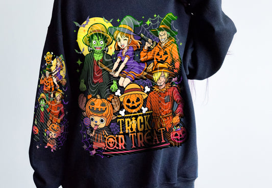 Black sweatshirt with Halloween-themed design featuring characters and 'Trick or Treat' text.