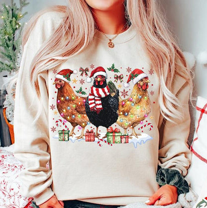 Sweatshirt Hoodie or T-Shirt Christmas Roosters W/ Christmas Hats