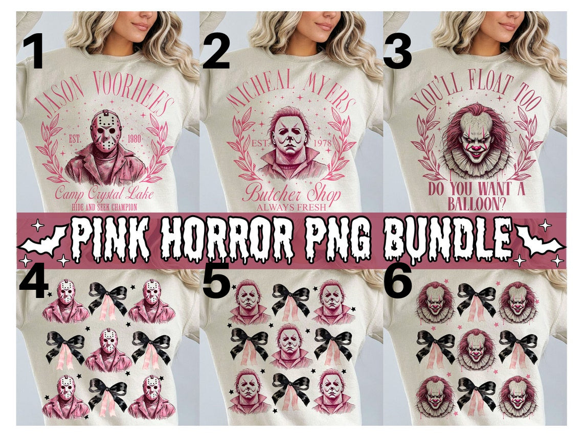 A collection of six pink horror-themed graphic transfers, featuring images of monster and horror character motifs, intended for use in a DTF transfer process.