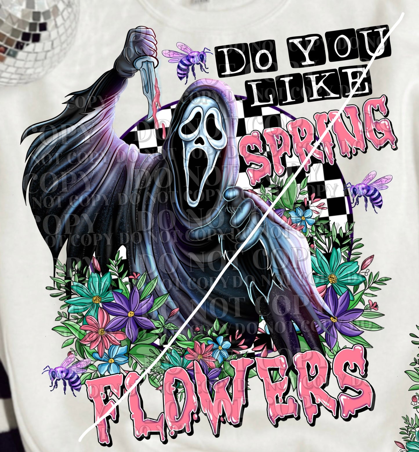 DTF Transfer Ghost Face Do You Like Spring Flowers pink