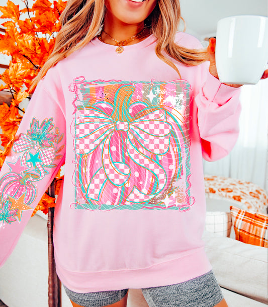 DTF Transfer Retro Checkered Pumpkin & Bow Sleeve