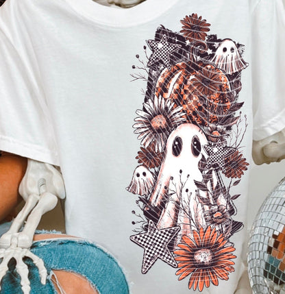 DTF Transfer Grunge Pumpkin Floral – Leopard, Checker, Ghosts & Fall Flowers
