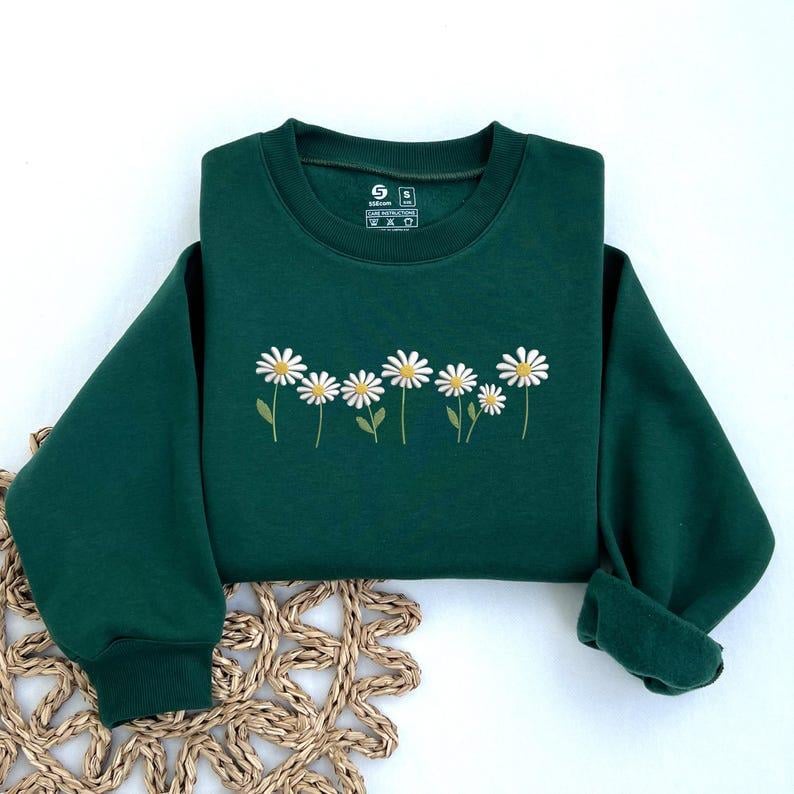 Embroidered Floral Daisy Line Cozy Crewneck