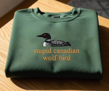 Embroidered Canadian Loon Joke Sweater Wolf Bird