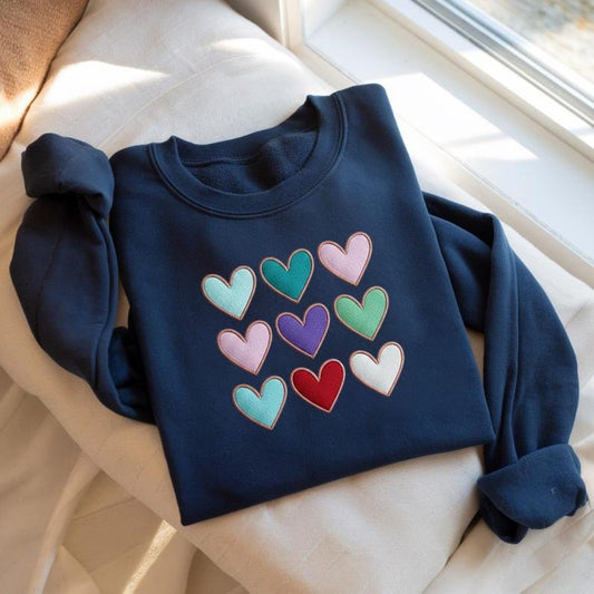 Embroidered Colorful Heart Grid Cozy Crewneck