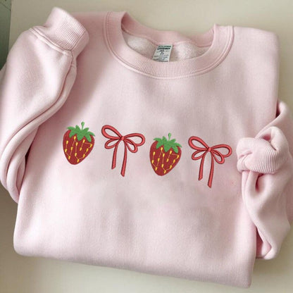 Embroidered Strawberry Bow Crewneck