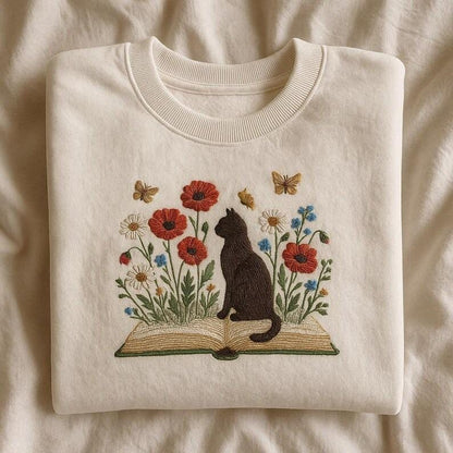 Embroidered Cat Book Lover Wildflower Garden Crewneck
