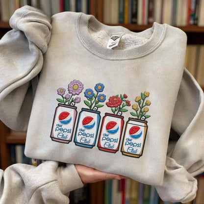Embroidered Vintage Pepsi Soda Can Flowers Crewneck