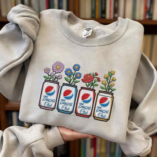 Embroidered Vintage Pepsi Soda Can Flowers Crewneck