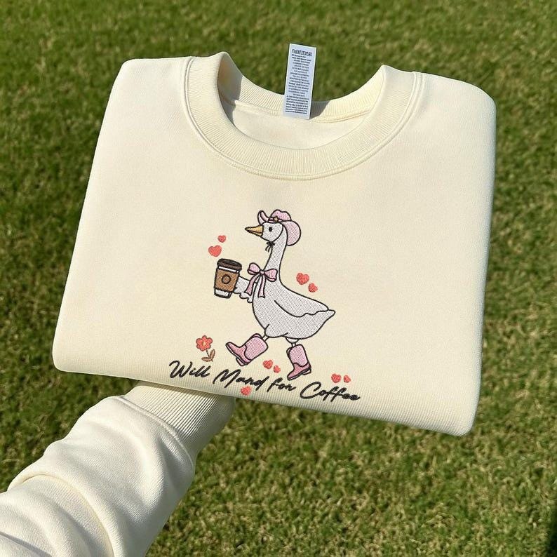 Embroidered Cute Coffee Goose Cozy Crewneck