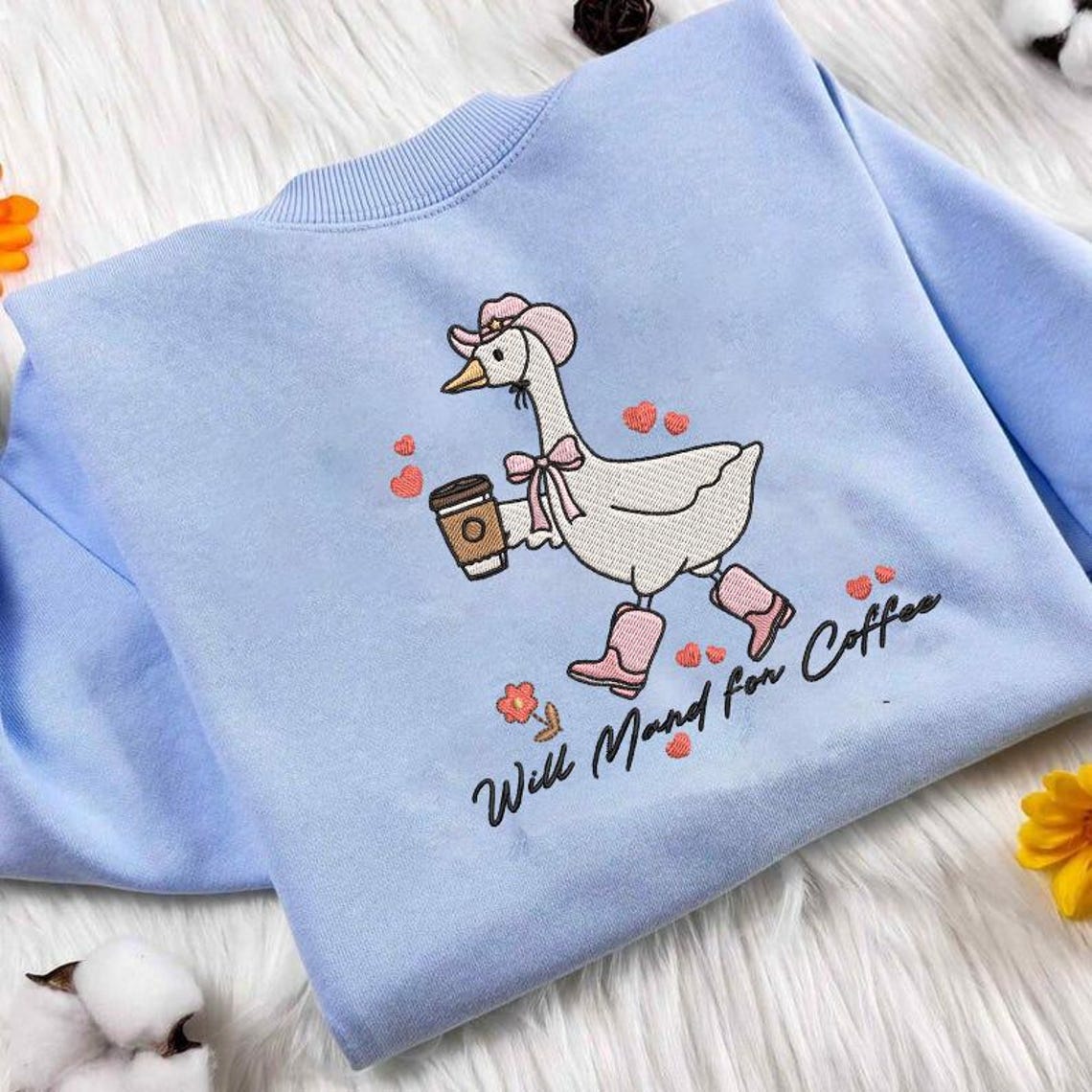 Embroidered Cute Coffee Goose Cozy Crewneck