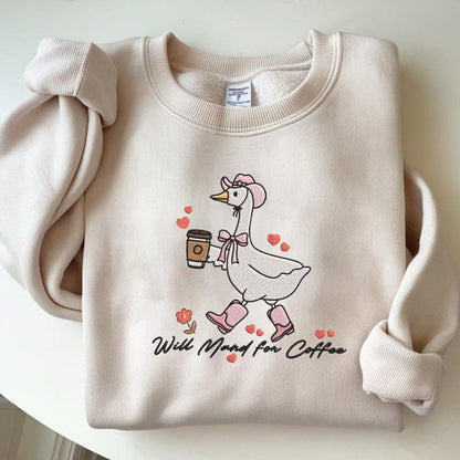 Embroidered Cute Coffee Goose Cozy Crewneck