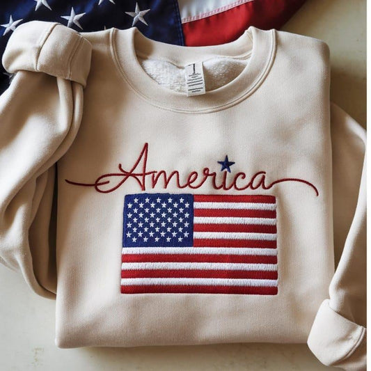 Embroidered America Flag Patriotic Crewneck