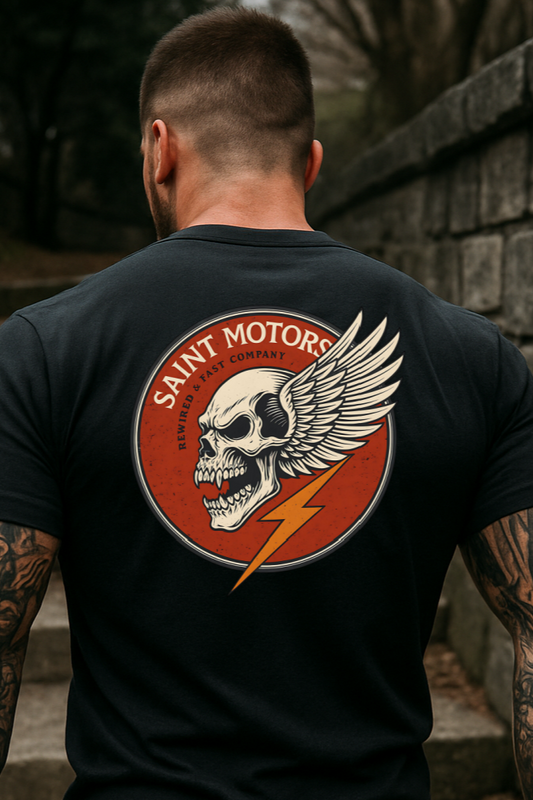 DTF Transfer – Saint Motors Winged Skull with Lightning Bolt