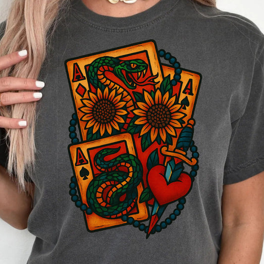 DTF Transfer Snake & Sunflower Aces – Western Tattoo Card with Heart and Dagger