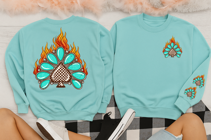 DTF Transfer – Turquoise Spade & Flames with Checkered Center Western Rock Vibe