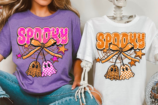 DTF Transfer Spooky Ghost Duo with Bows – Retro Pink & Orange