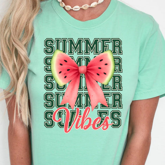 DTF Transfer Summer Vibes – Watermelon Bow Graphic with Bold Text Layers
