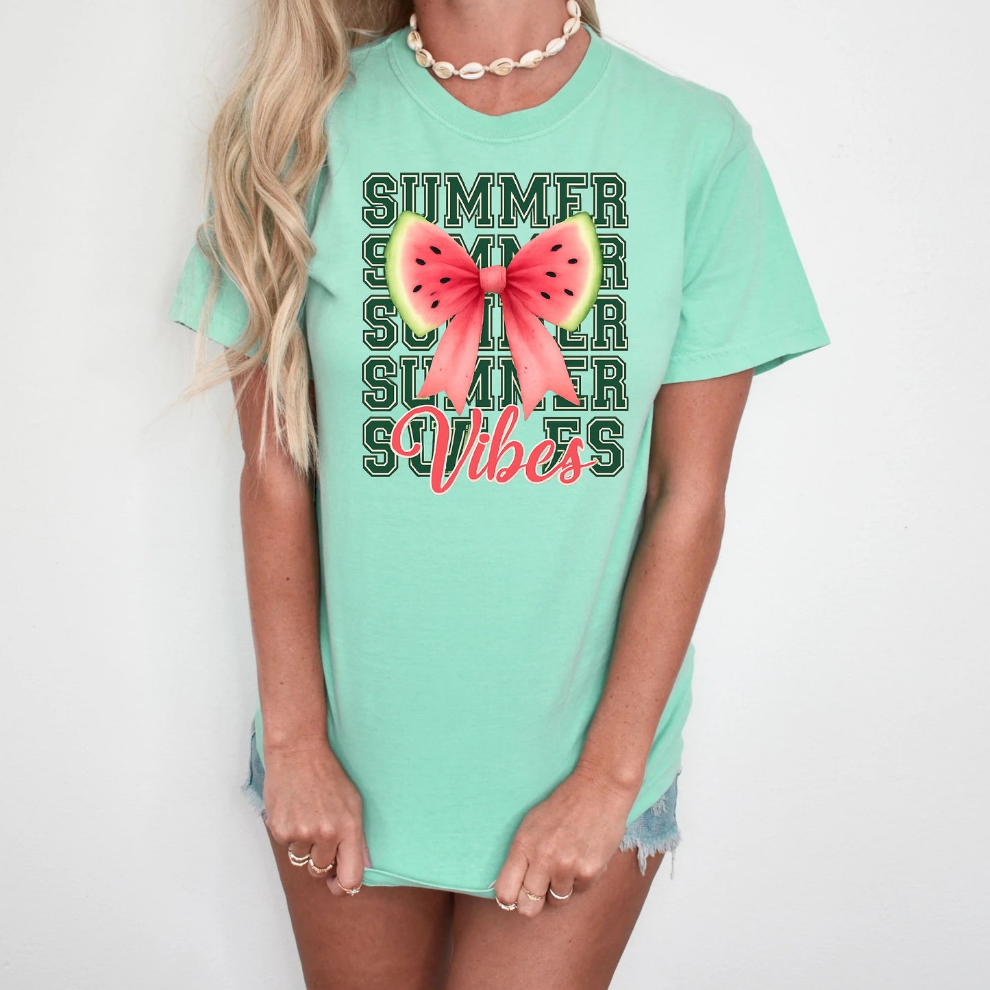 DTF Transfer Summer Vibes – Watermelon Bow Graphic with Bold Text Layers