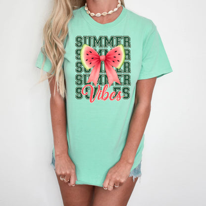 DTF Transfer Summer Vibes – Watermelon Bow Graphic with Bold Text Layers