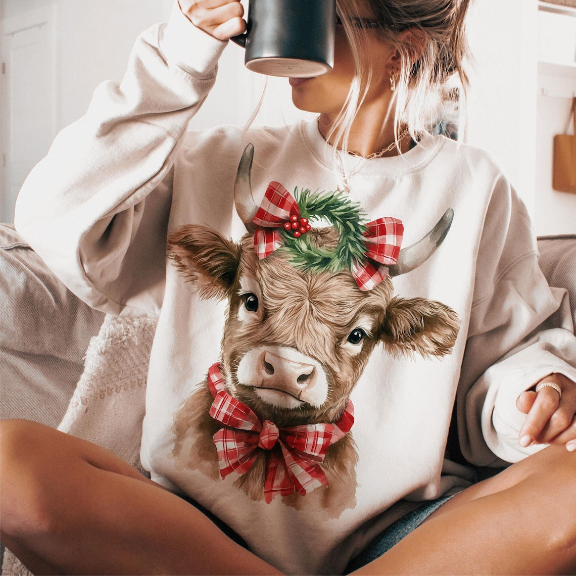 Sweatshirt Hoodie or T-Shirt Christmas Cow With Bows Baby Cow