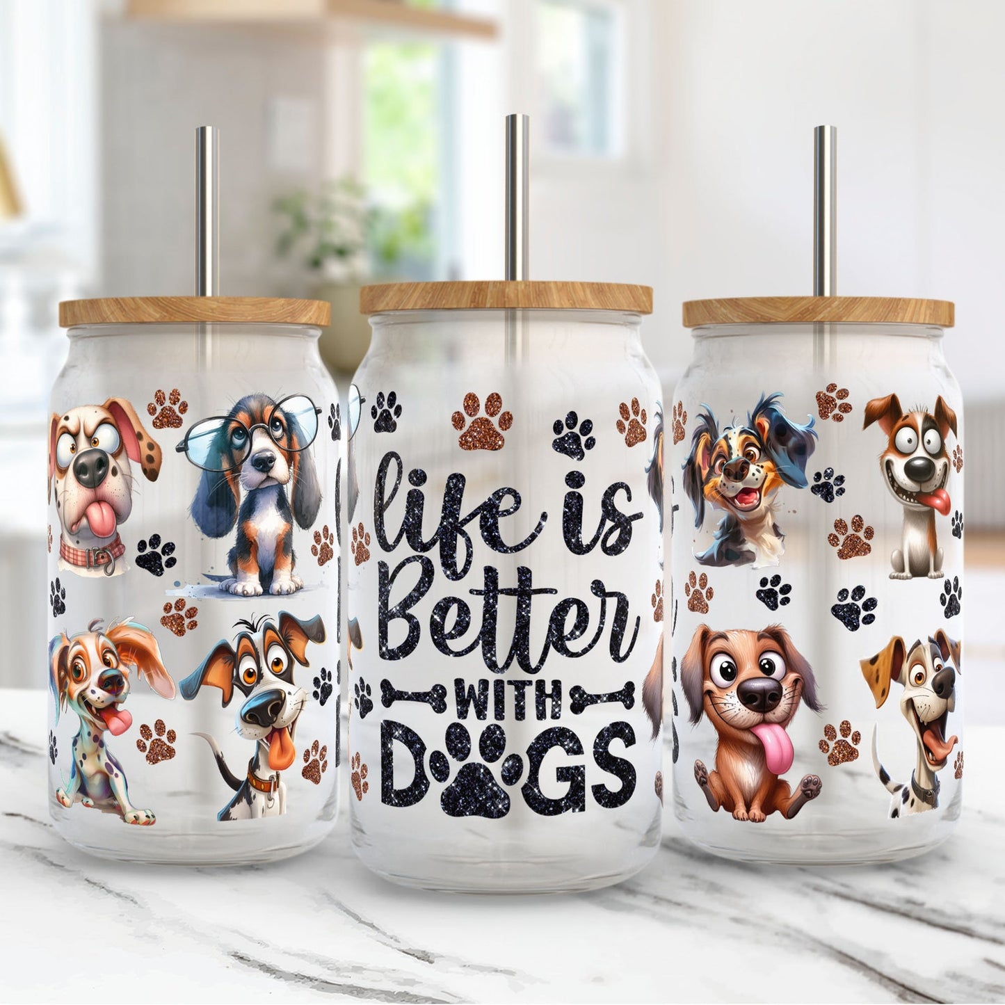 UV-DTF Cup Wrap – Life Is Better with Dogs Quote & Cute Cartoon Pups