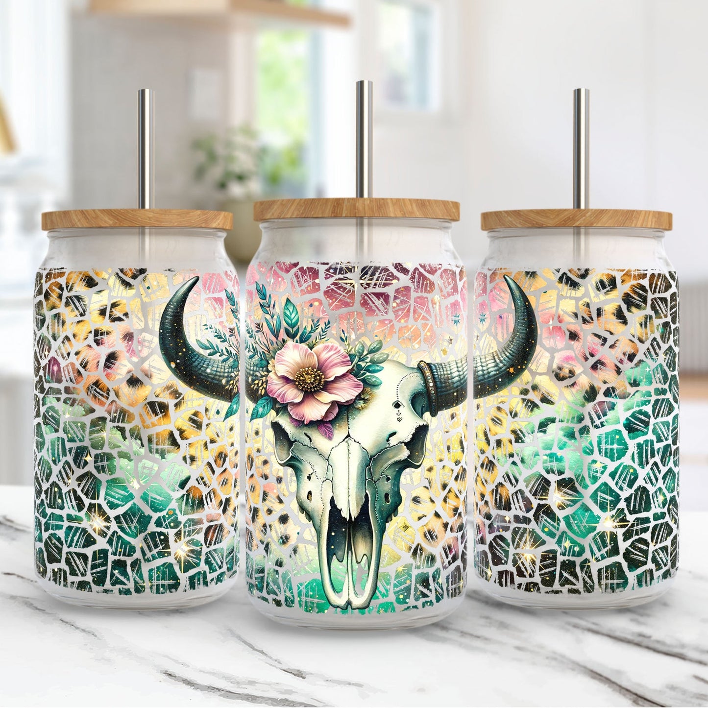 UV-DTF Cup Wrap – Boho Floral Longhorn Skull with Mosaic Shattered Glass Effect