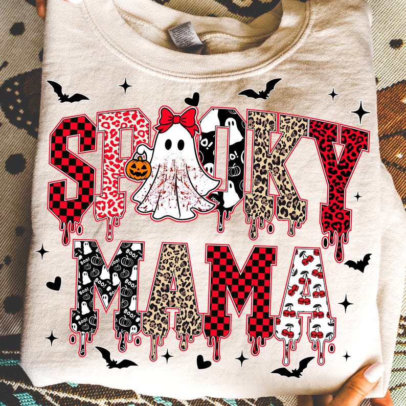 Spooky Mama Halloween Bundle – Spooky Letters – Leopard Checker Cherry Print garment preview