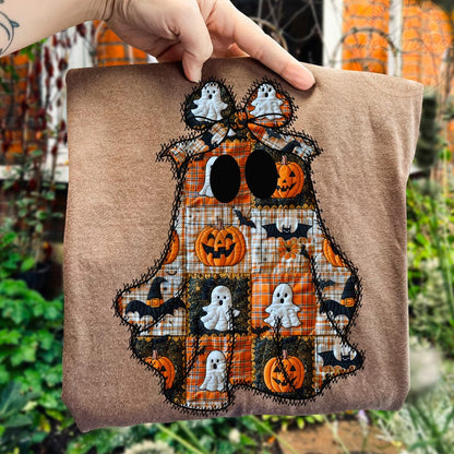 Patchwork Ghost – Halloween Vintage Quilt Ghost – Cozy Spooky Fall Shirt Design garment preview