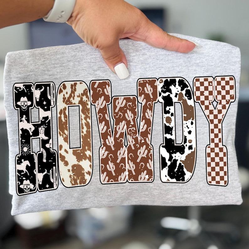 Howdy – Western Halloween Ghost – Cowboy Checkered Fall Letters Design garment preview