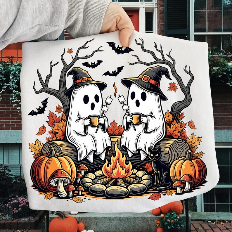 Retro Cute Ghost Halloween – Fall Camping Boo Ghosts – Autumn Floral garment preview