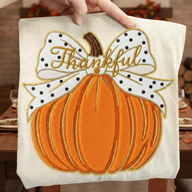 Glitter Thankful Pumpkin – Faux Yarn – Dot Bow Pumpkin alternate preview
