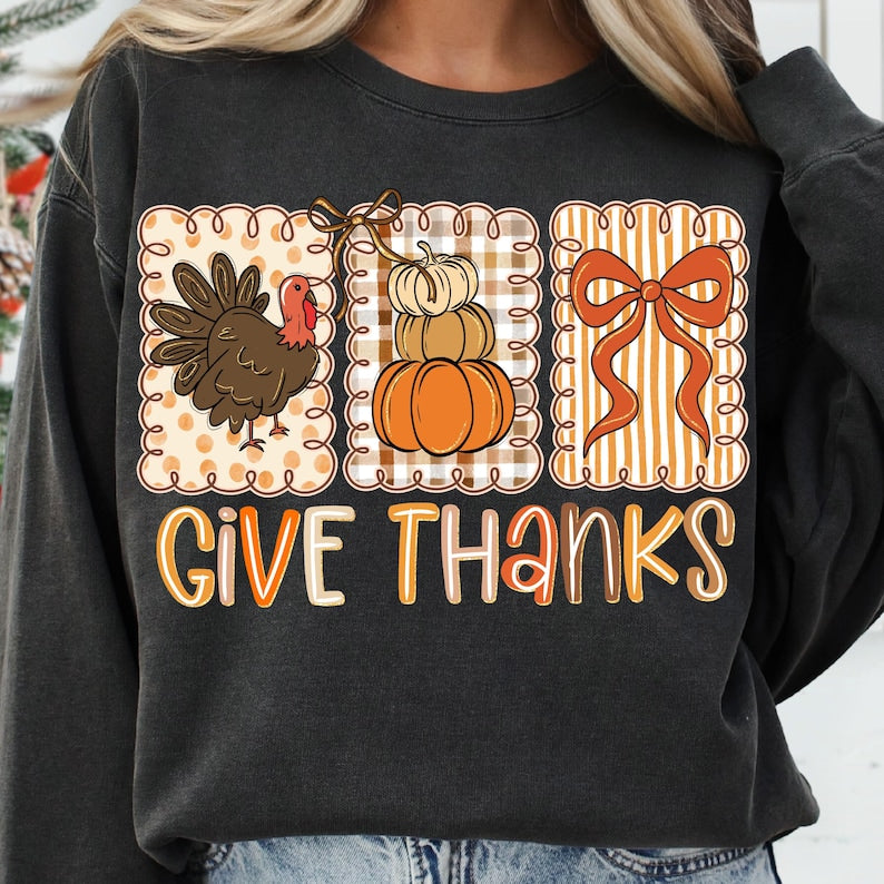 Coquette Give Thanks Thanksgiving Hand Drawn Doodle Whimsical Three Frames Bow Preppy Brush Stroke… garment preview