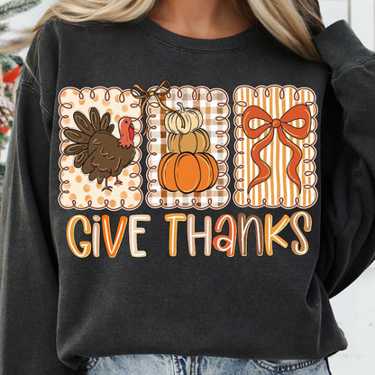 Coquette Give Thanks Thanksgiving Hand Drawn Doodle Whimsical Three Frames Bow Preppy Brush Stroke… garment preview
