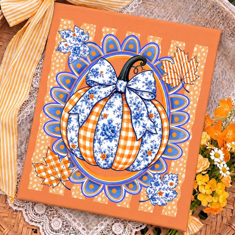 Striped Preppy Fall Pumpkin – Floral Pumpkin Bow – Coquette Autumn Design